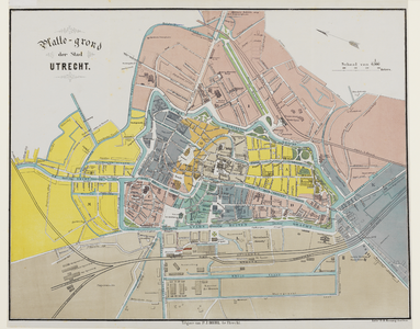 214040 Plattegrond van de stad Utrecht, met weergave van het stratenplan met namen, bebouwing, wegen, watergangen en ...